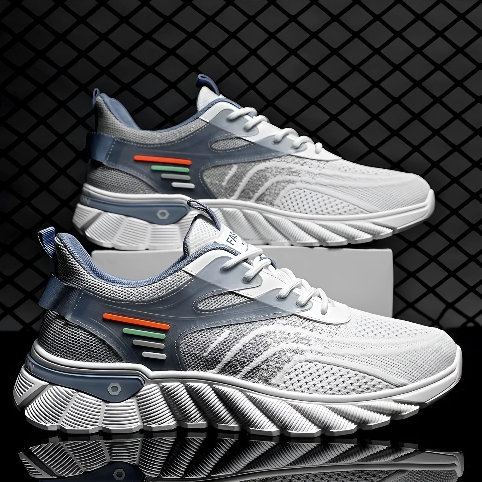 Men's white blue and black platform casual running shoes with cross shoulder straps and a rubber sole.