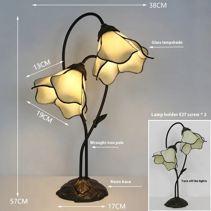 American classical retro style glass table lamp with ornate lotus shade, shown in a beige double head configuration.