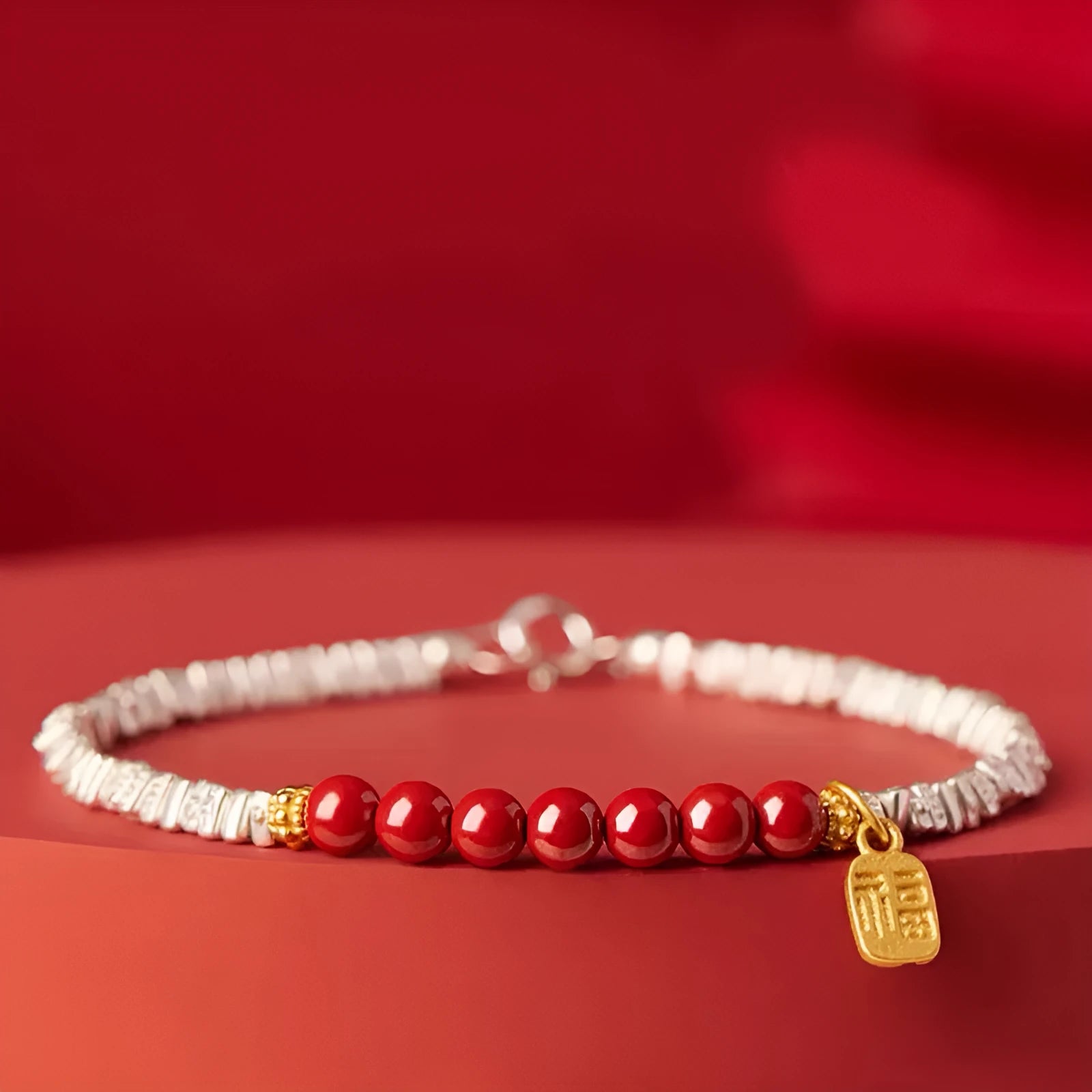 Silver geometric couple bracelet with round beads showing white K electroplated finish on 16cm length