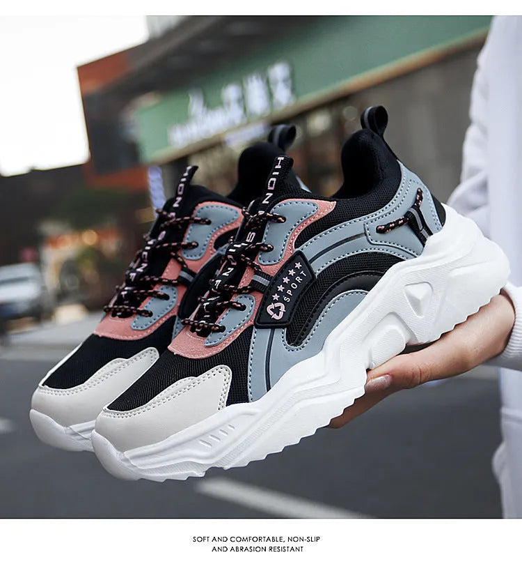 White women's casual sports shoes with mesh upper, buckle closure, and thick PU sole