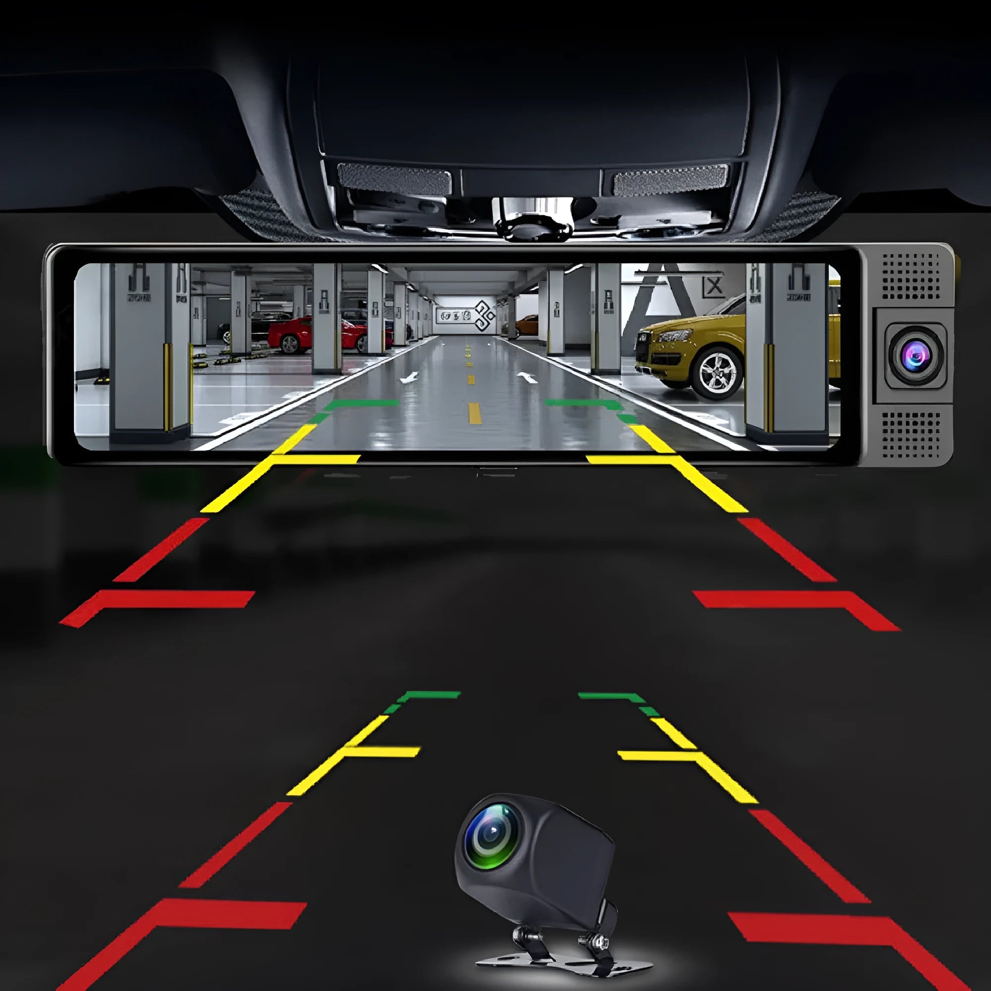 12-inch car dash cam system with touchscreen, triple-lens recording and reversing camera display