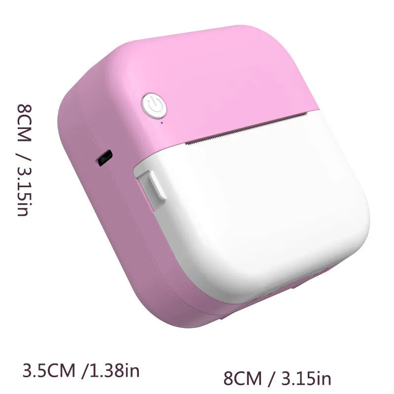 Student mini thermal label printer with USB cable, compact 12x9x4.6cm size, and included printing paper