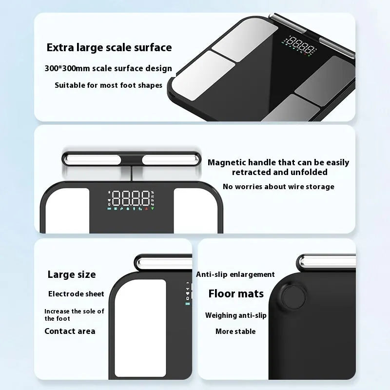 Black electronic weighing scale with tempered glass platform and colour screen displaying body metrics.