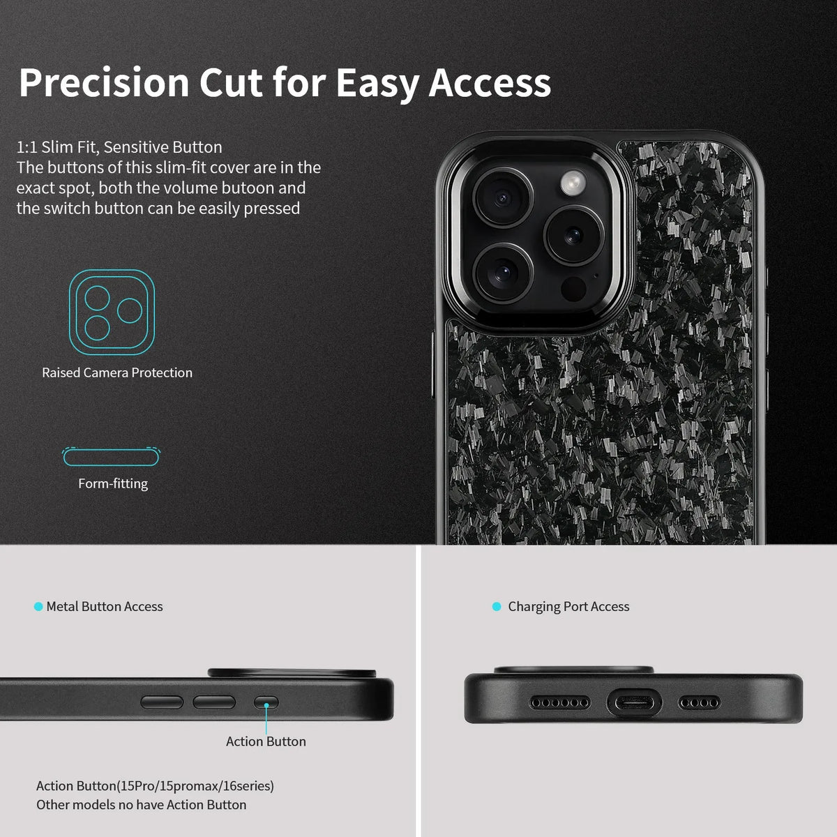 Carbon fibre phone case with metal frame in black magnetic, all-inclusive shockproof shell for iPhone 13 Pro to 16 Pro Max