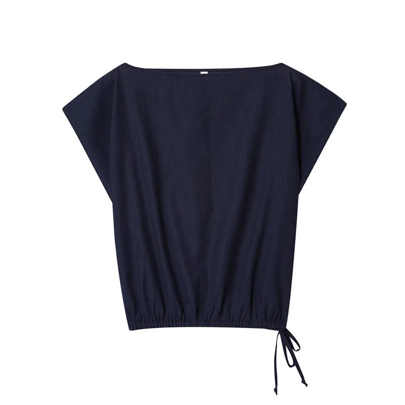 Women's linen blend wide-leg trouser and flounced sleeve top co-ord suit set in a professional style.