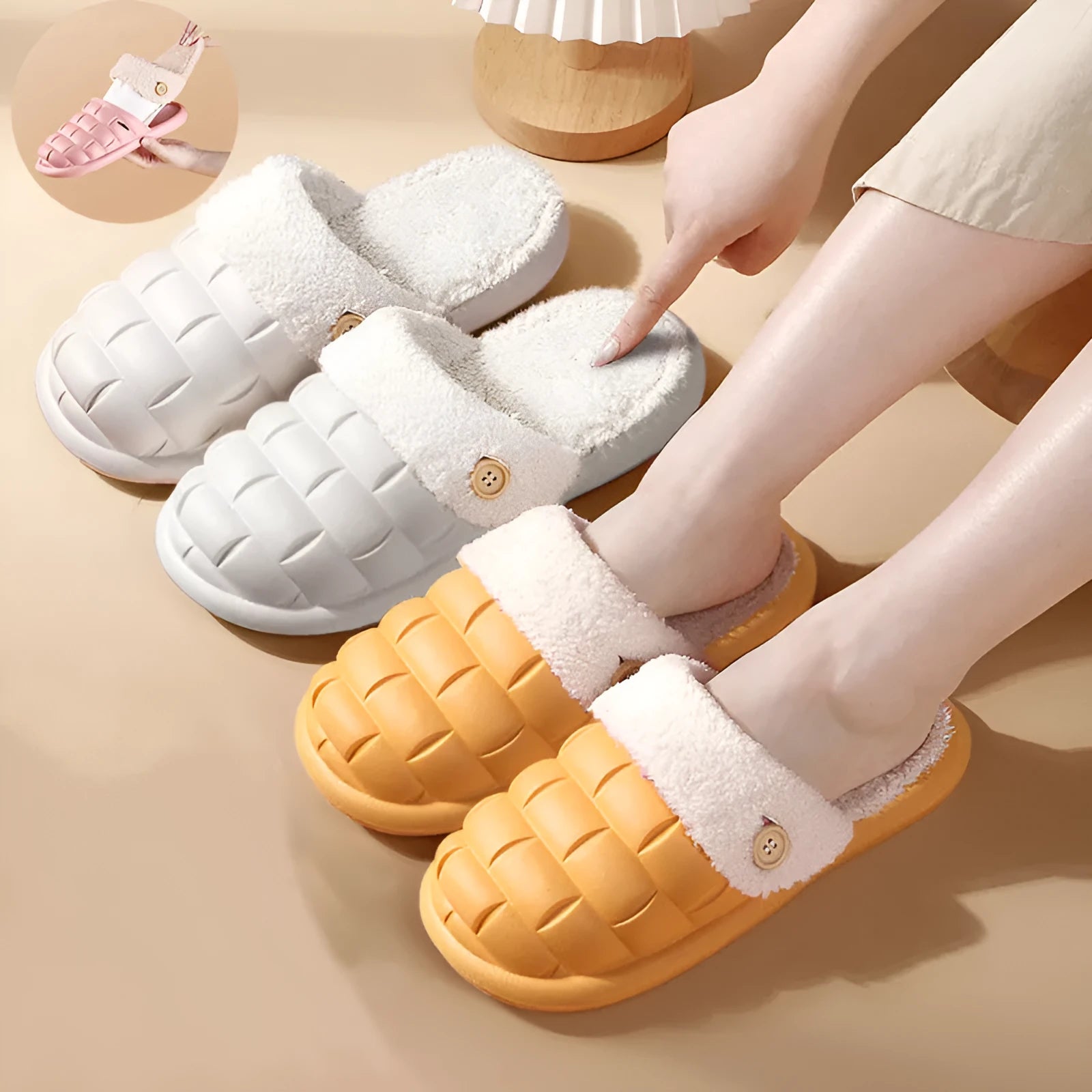 Plaid-patterned detachable EVA house slippers with plush lining, shown in pink, green, yellow, white, grey, or black.