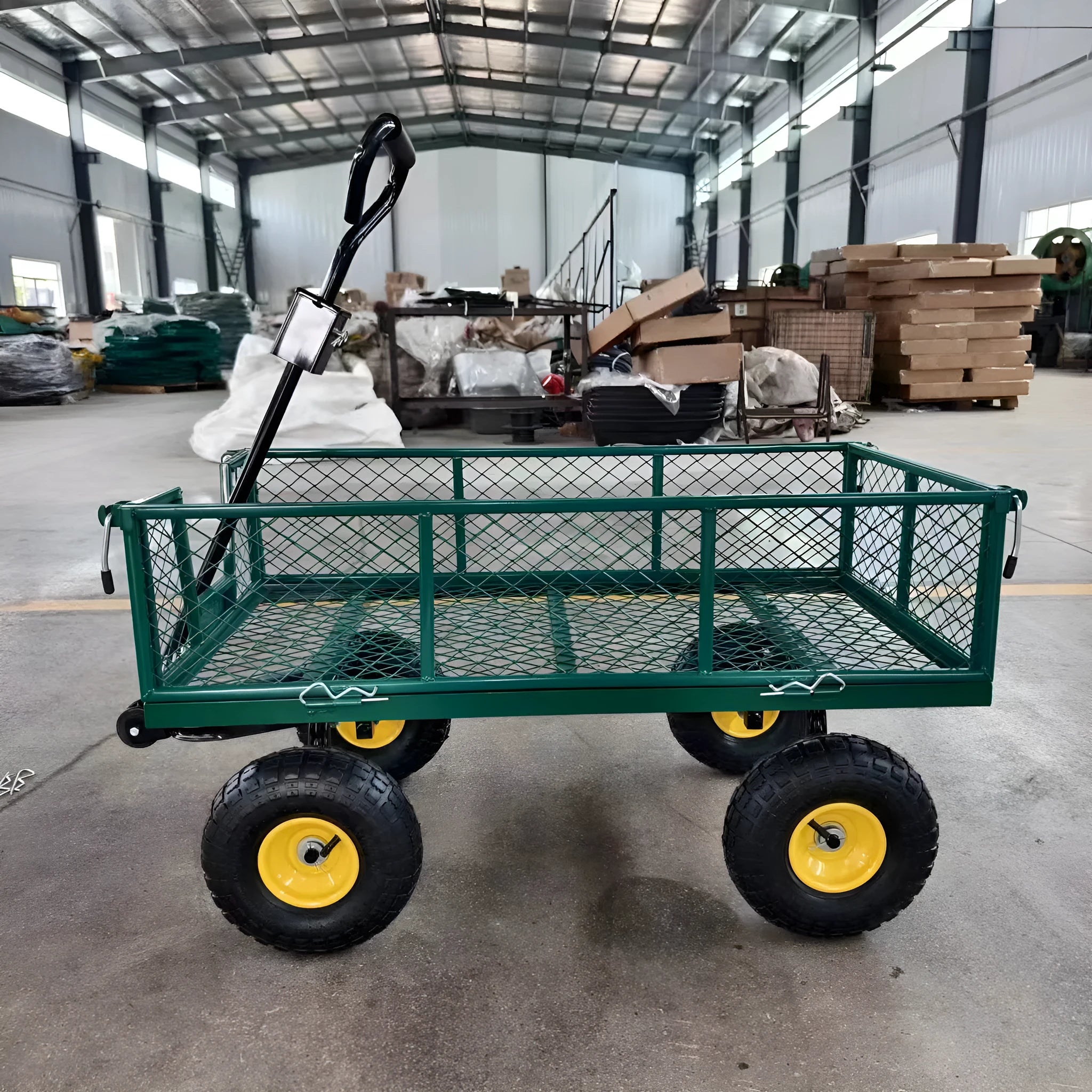 Green four-wheel hand push net car with iron frame and rubber terrain wheels