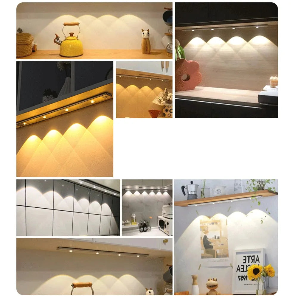 Silver ultra-thin wireless LED strip light with motion sensor attached to a kitchen cabinet door.
