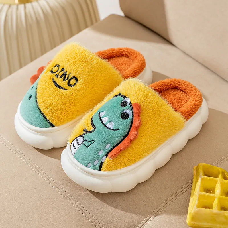 A pair of plush dinosaur-themed slippers for indoor wear, shown in a choice of colours.