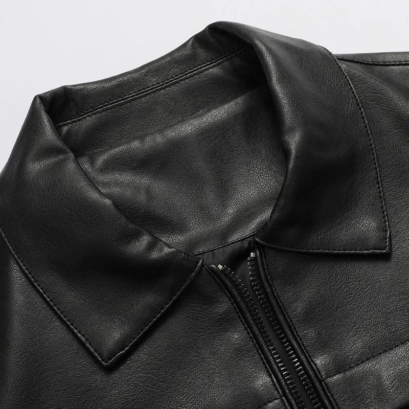 Men's slim lapel artificial leather jacket in black, side pockets, spring autumn outerwear