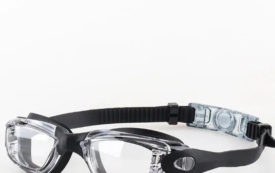 Swimming goggles with silicone nasal splint earplugs polycarbonate lens black-silver plated rotating box