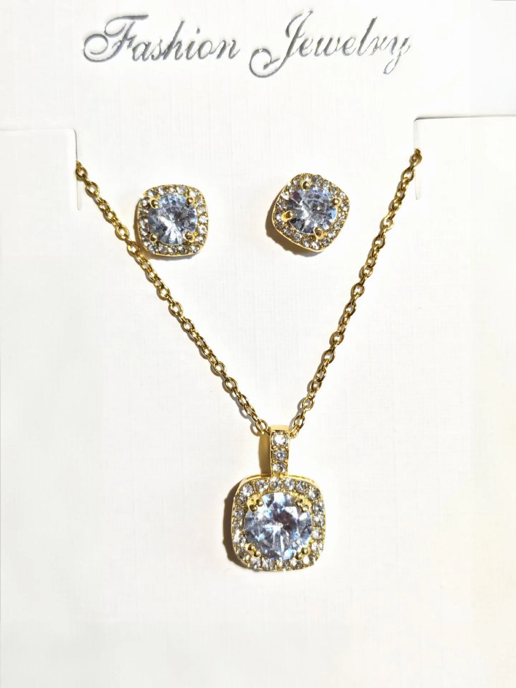 Female minimalist square diamond necklace and earring set in gold and silver colour options