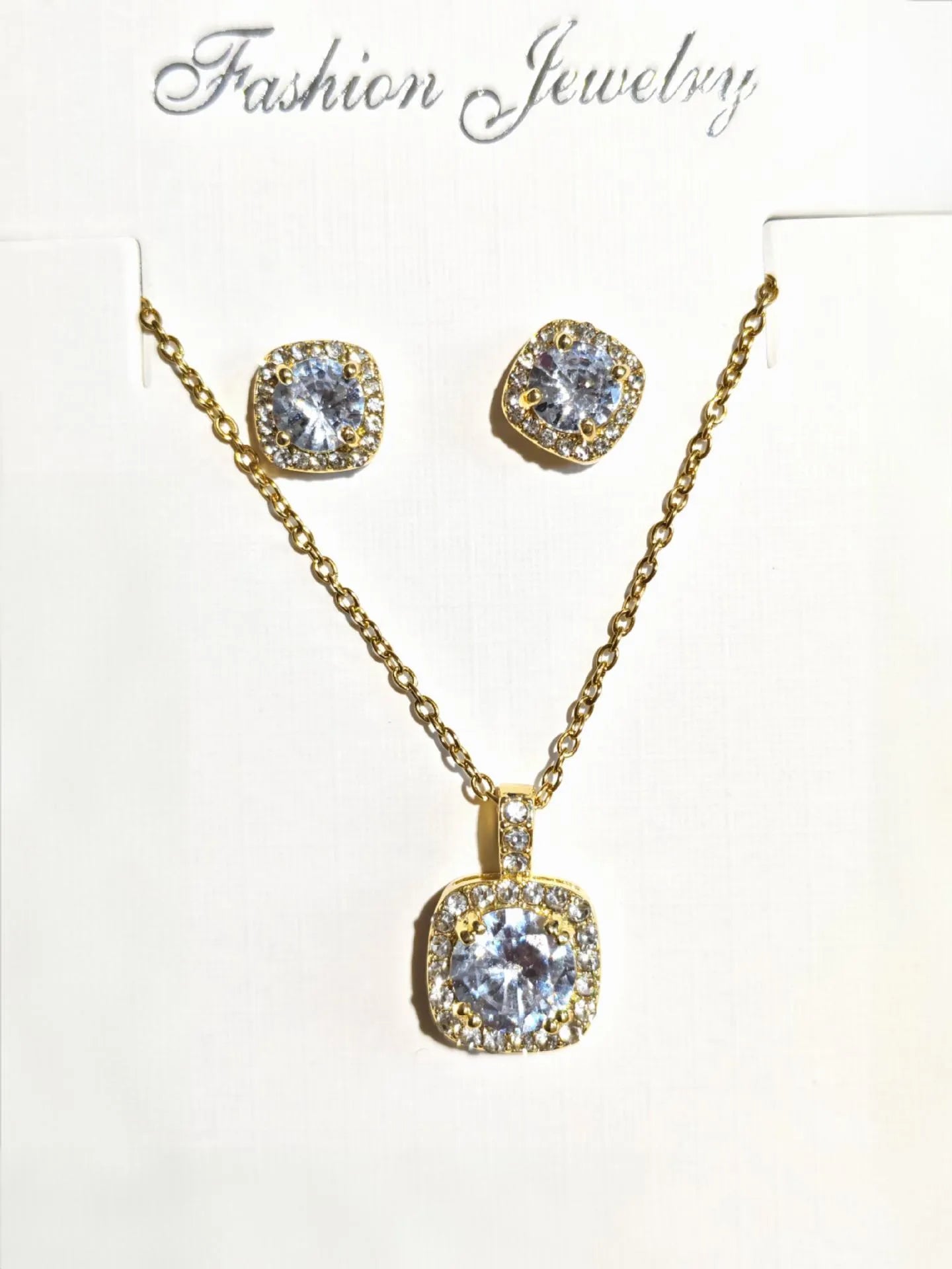 Female minimalist square diamond necklace and earring set in gold and silver colour options