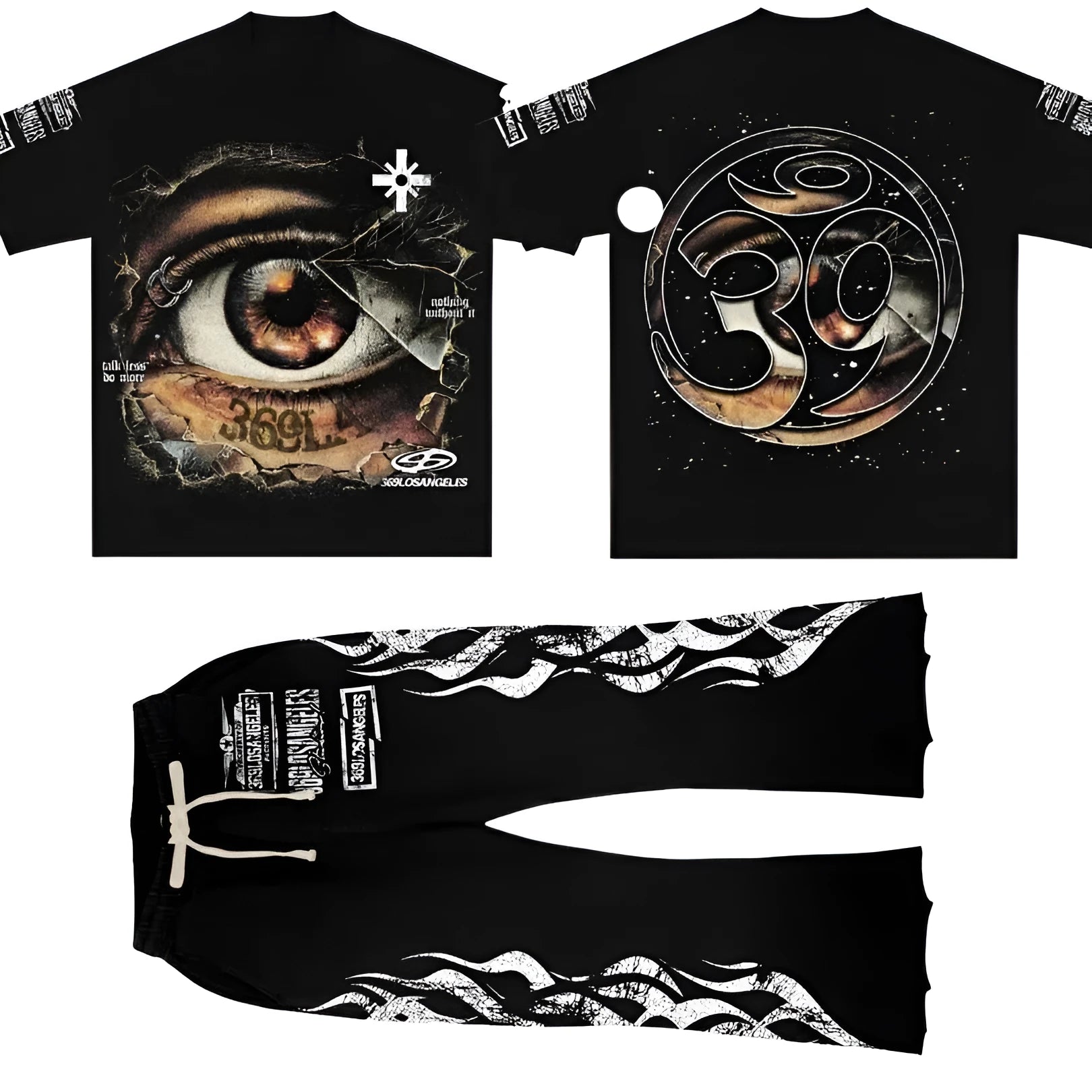 Piercing Vision black short-sleeve T-shirt and flare sweatpants full set unisex sports and leisure co-ord