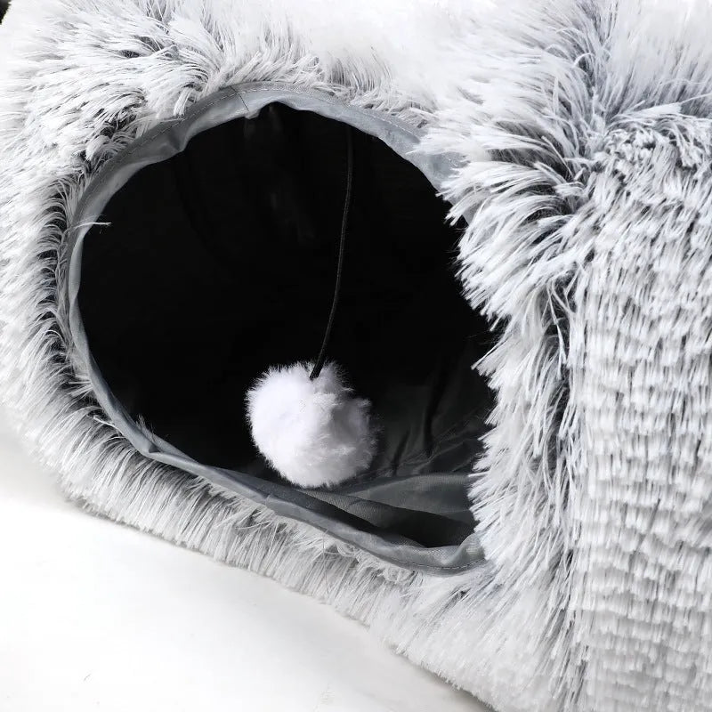 Plush cat bed with tunnel in donut shape, removable cushion, non-slip base for indoor cats