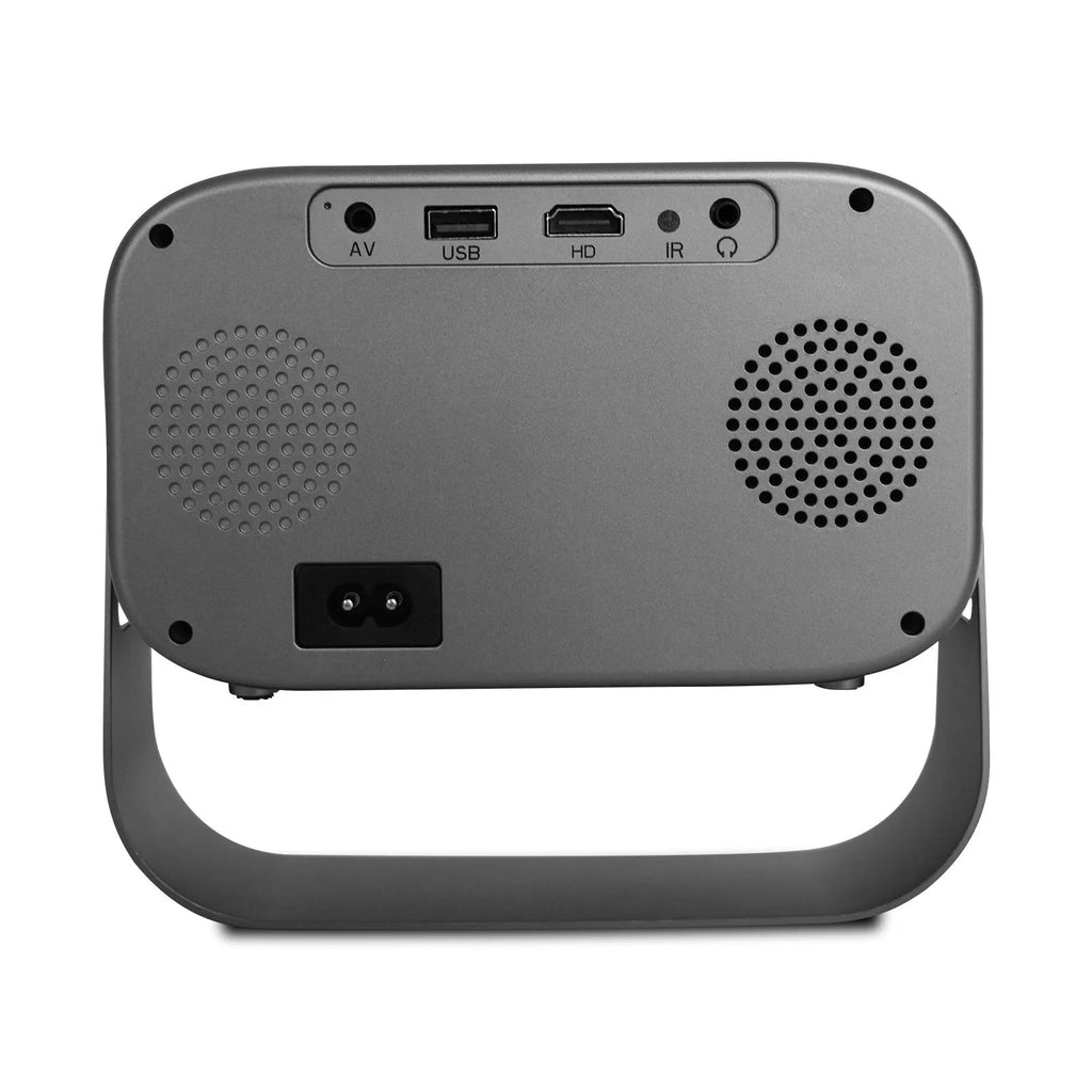 Black portable HD projector with Android system, remote control, and universal power cables