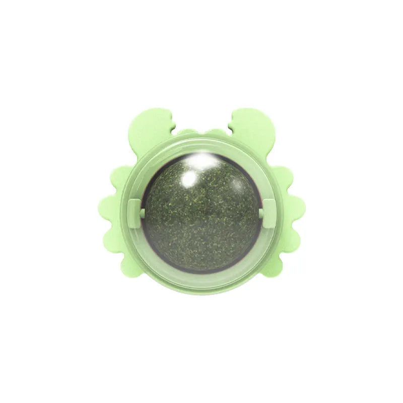 Catnip wall ball piece toy in blue with three removable natural catnip balls attached to a smooth wall
