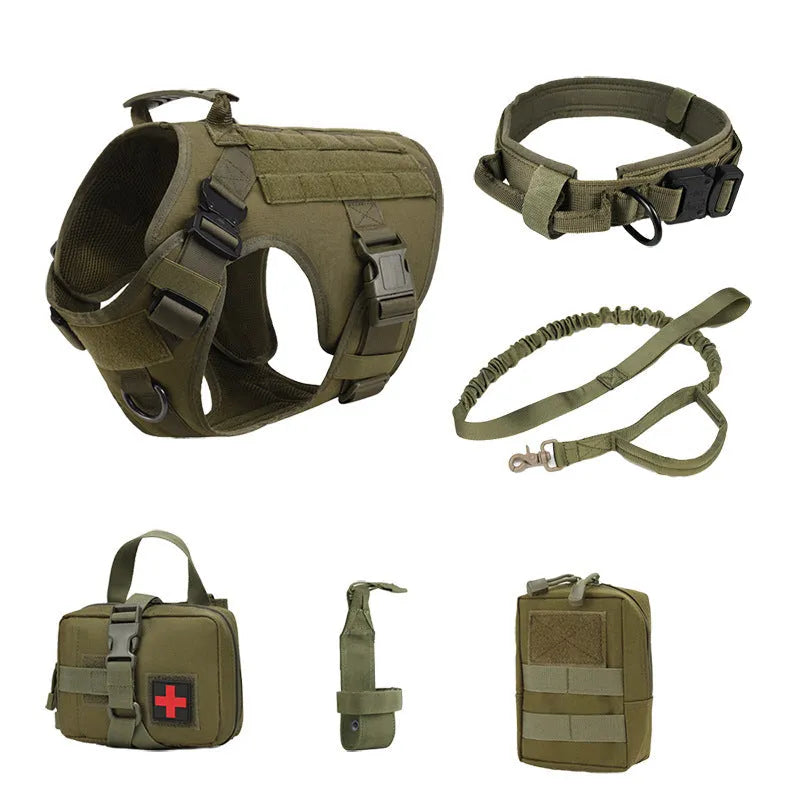 Six-piece dog tactical training vest in camouflage pattern with multiple attachment points