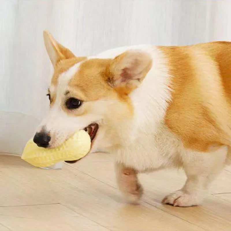 Yellow TPR peanut-shaped dog chew toy with textured shell on a white background.