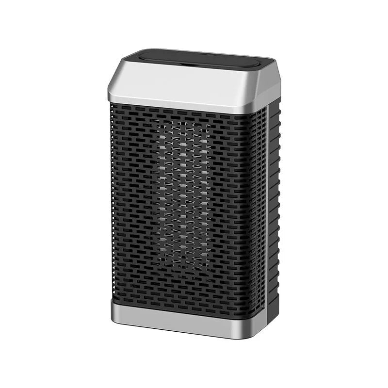 Black smart desktop heater with remote control showing dimensions 14.5x10x26cm
