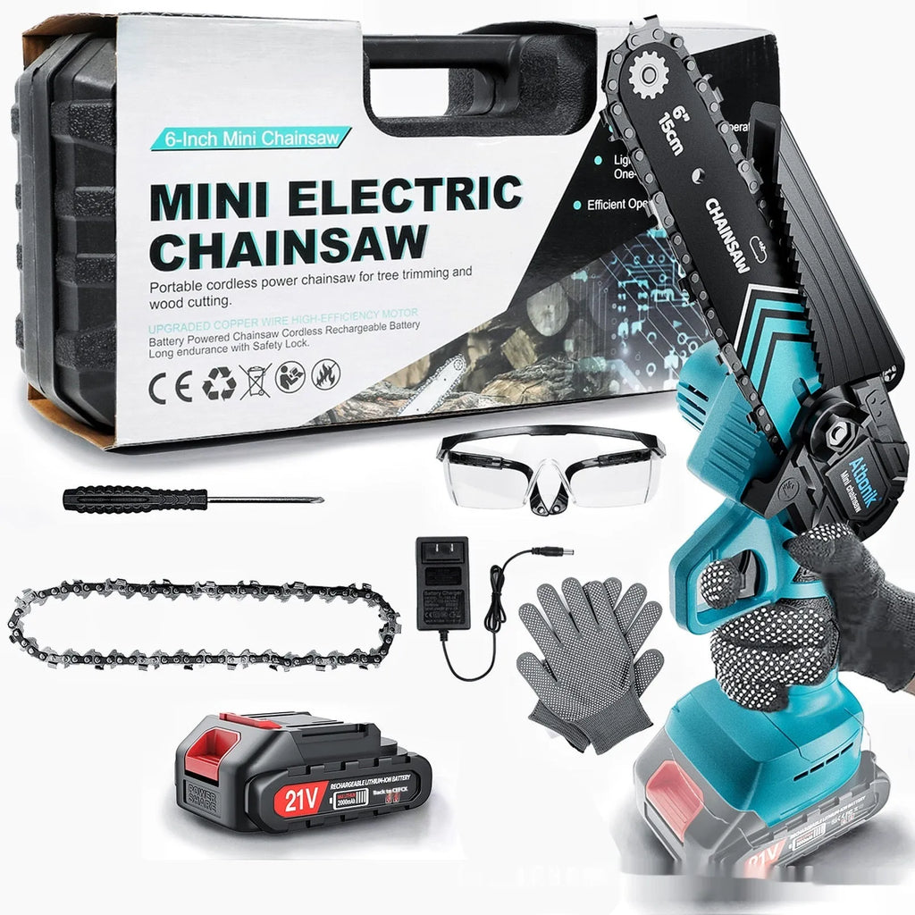 Handheld electric chainsaw with 6-inch chain, two lithium batteries, safety goggles, gloves and storage box