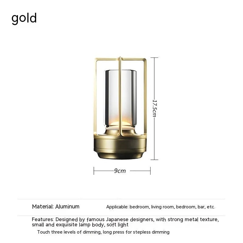 LED camping light with touch charging in black, aluminium and acrylic build, 3W power, 90x180mm size, on a wooden table