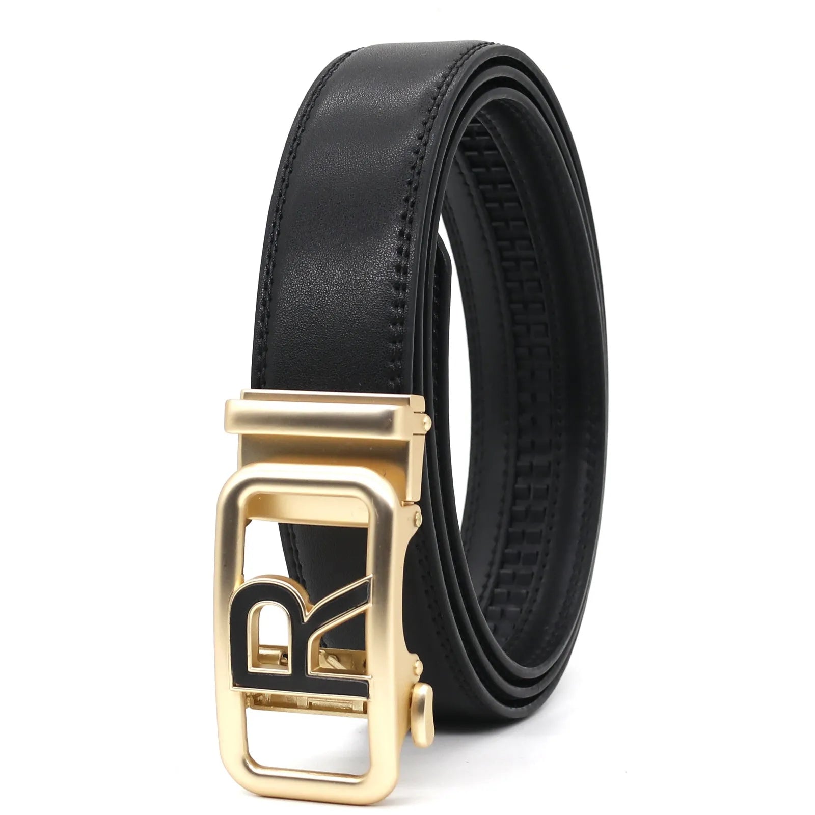 Men's automatic buckle belt in genuine leather with alloy buckle, 125cm, available in ten colours for all-match casual wear.