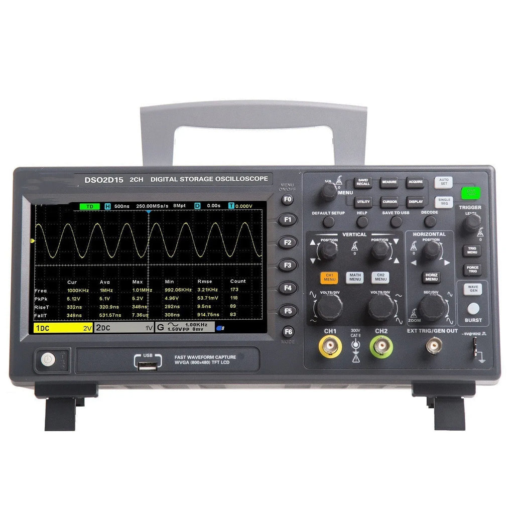 DSO2D10 digital storage oscilloscope front panel with dual channel inputs and display showing waveform