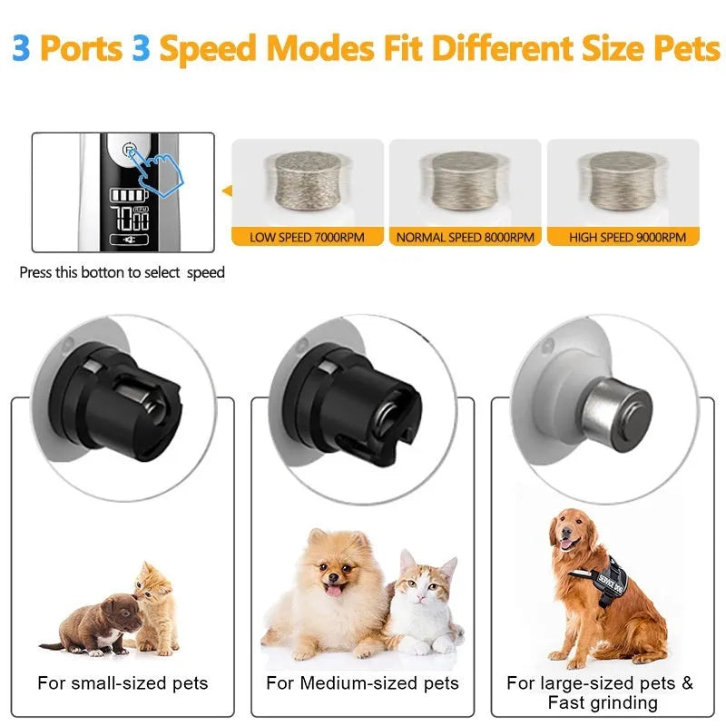 Electric dog nail grinder with LED display showing three speed settings for pet claw care