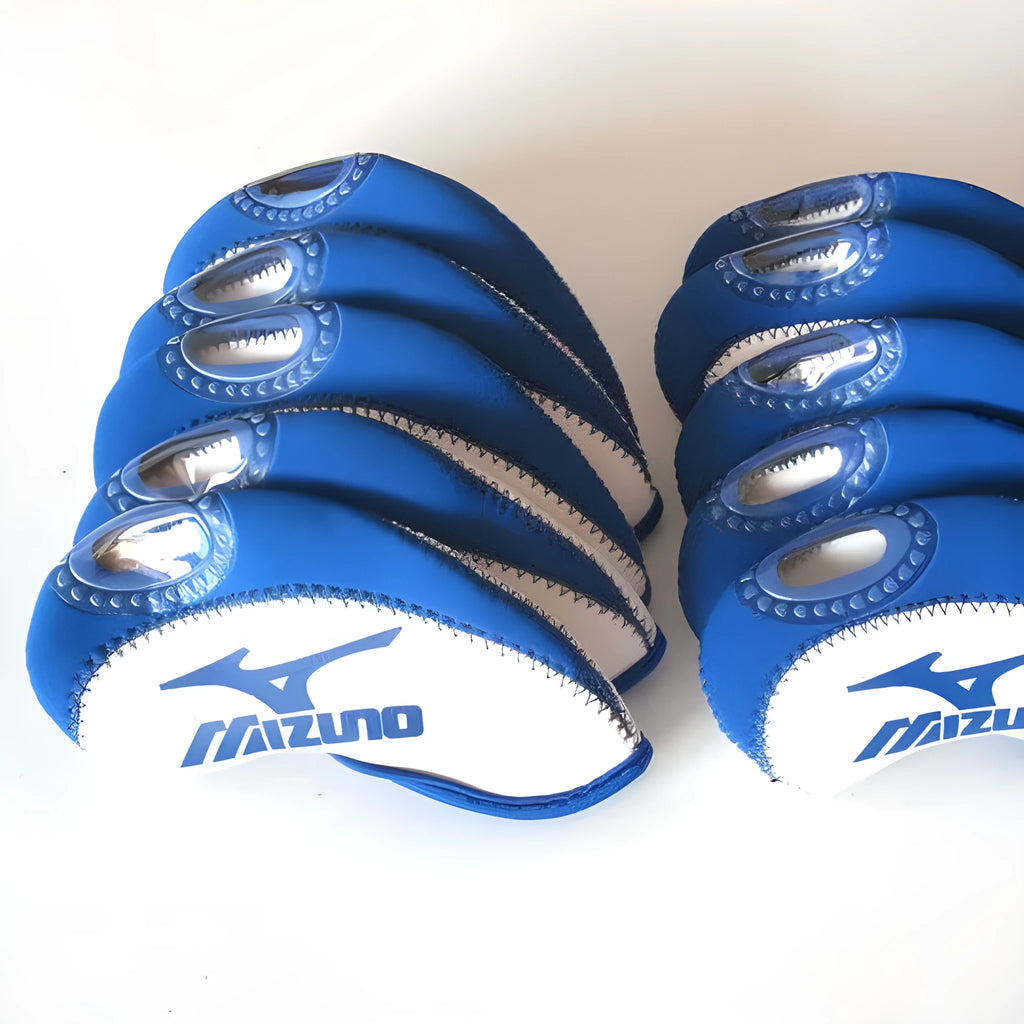 Set of 10 golf iron sleeves in diving material, available in yellow, SIM, and Carla W colours