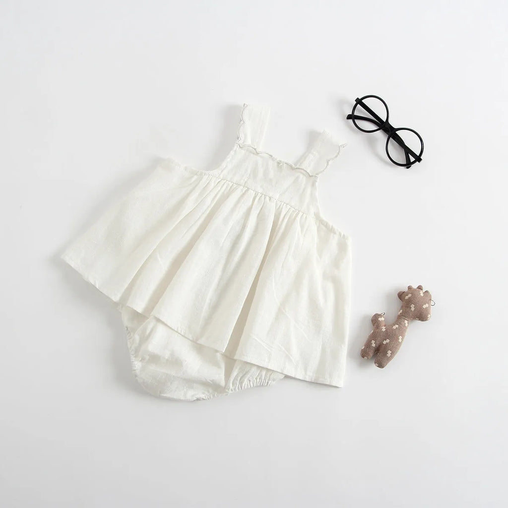 Baby romper princess dress jumpsuit with suspenders in white cotton for summer, suitable for 66cm to 100cm height