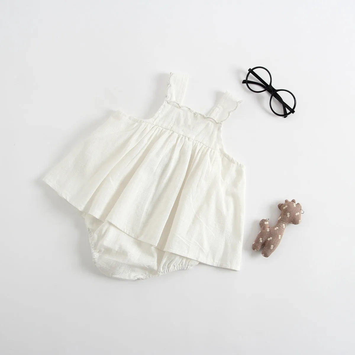 Baby romper princess dress jumpsuit with suspenders in white cotton for summer, suitable for 66cm to 100cm height