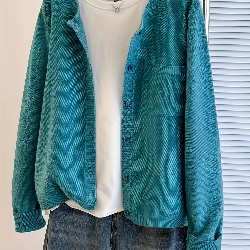 Solid colour round neck acrylic cardigan jacket for women sky blue loose fit princess sleeves