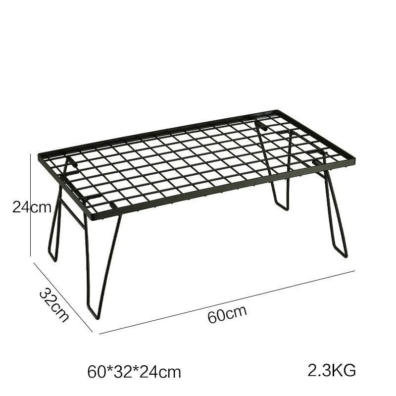 Outdoor portable iron folding table with double layer shelf and storage bag for camping and barbecue