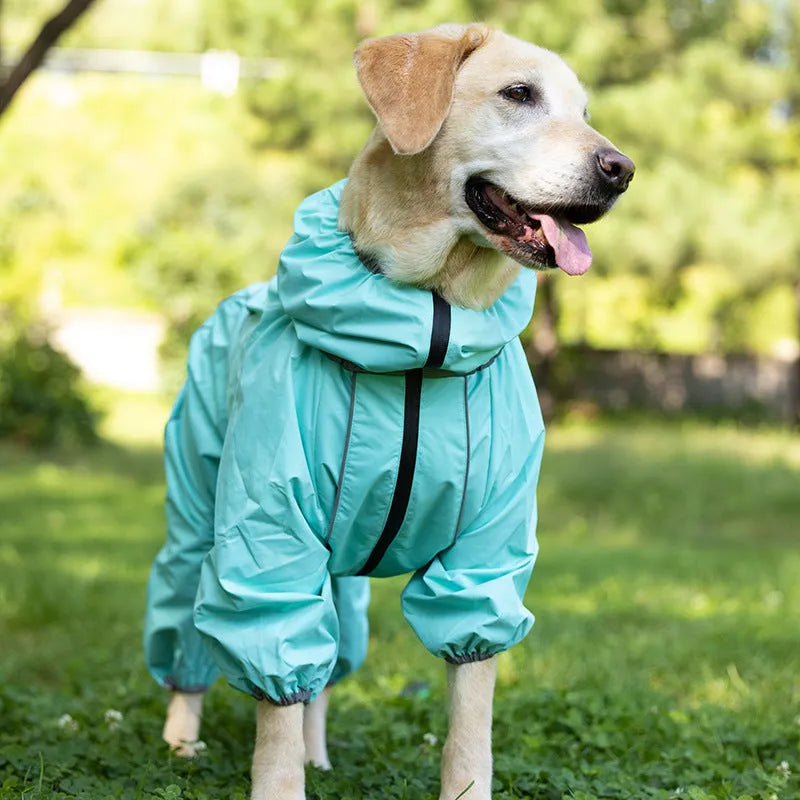 Red cotton-padded dog winter shell jacket on a mannequin, showing sizing for chest and body length.