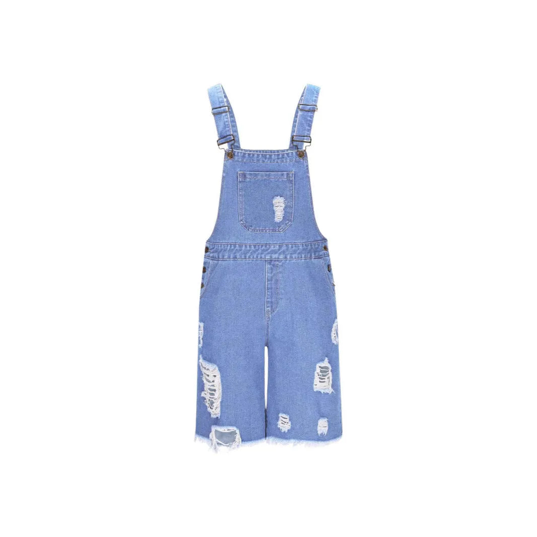 Men's ripped denim suspender shorts in cotton with straight-leg mid-waist fit in black colour