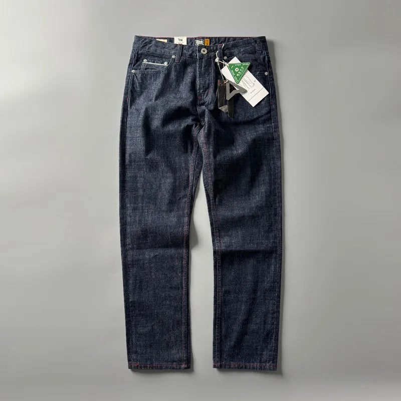 Men's straight-leg denim jeans in primary colour with mid waist and classic American retro style.