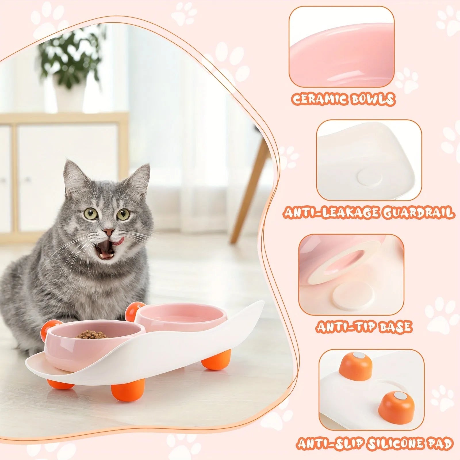 Pink elevated ceramic double bowl set for cat food and water on a non-slip base.