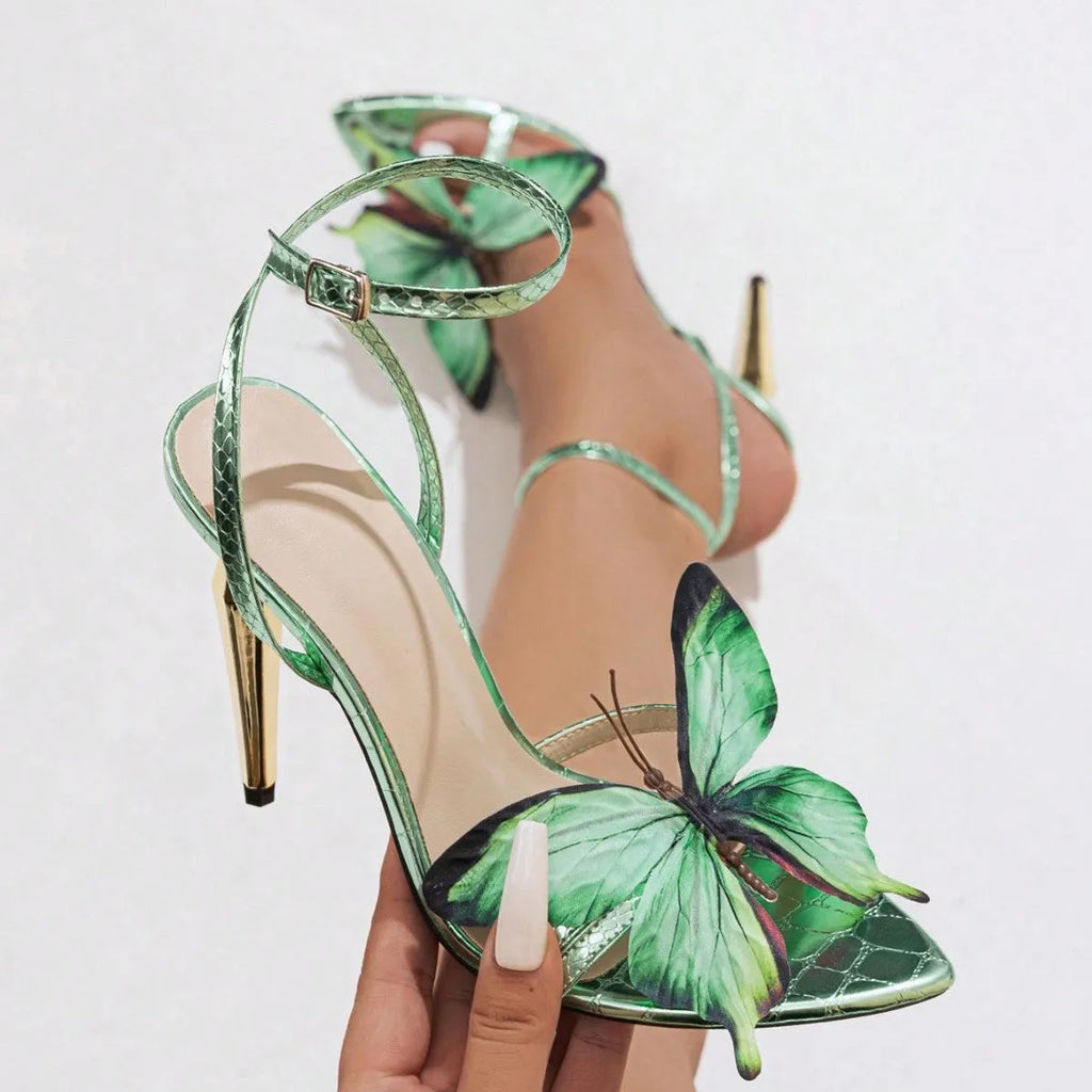 Women's green PU sandals with three-dimensional butterfly decoration and electroplated stiletto heel