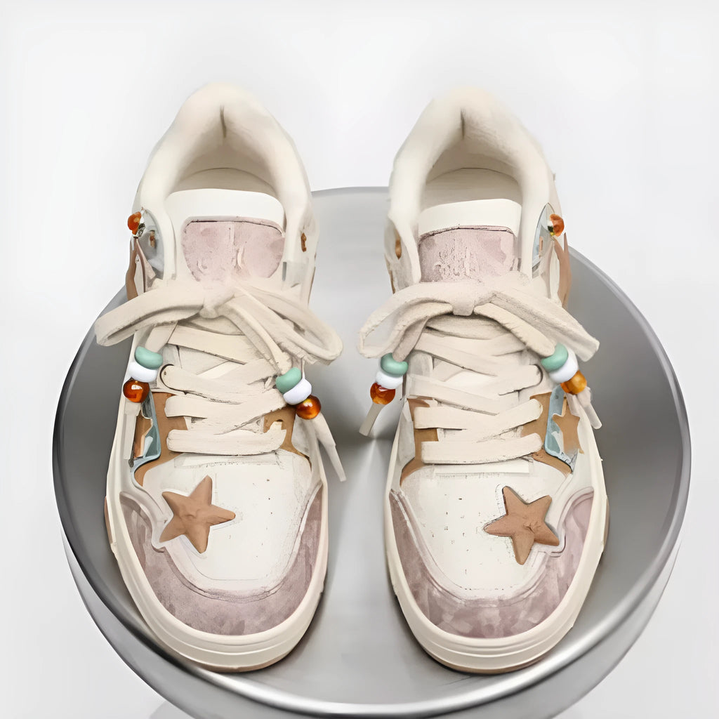 High-end platform sneakers with star pattern for couples in pink, lace-up closure, fabric upper