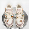 High-end platform sneakers with star pattern for couples in pink, lace-up closure, fabric upper