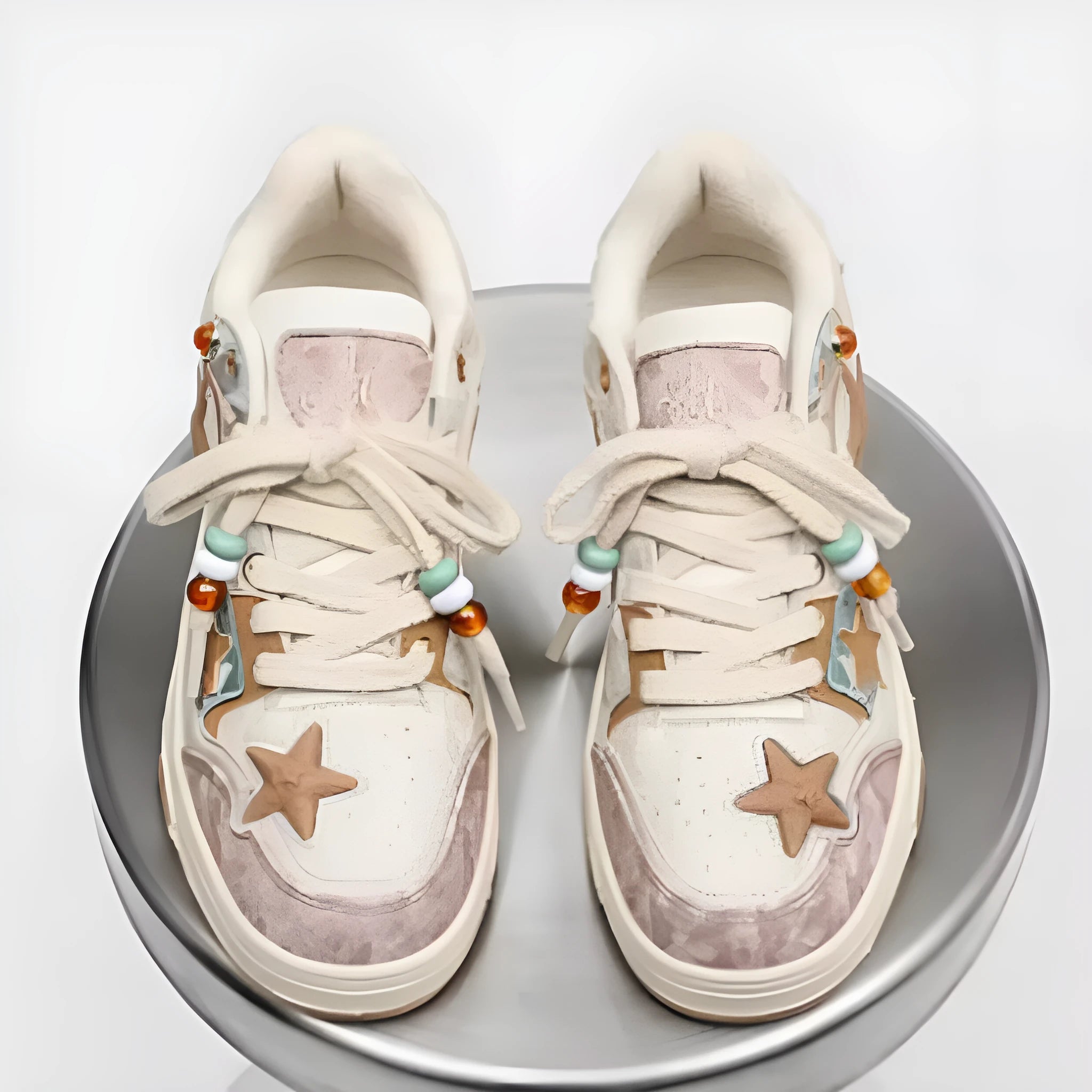 High-end platform sneakers with star pattern for couples in pink, lace-up closure, fabric upper