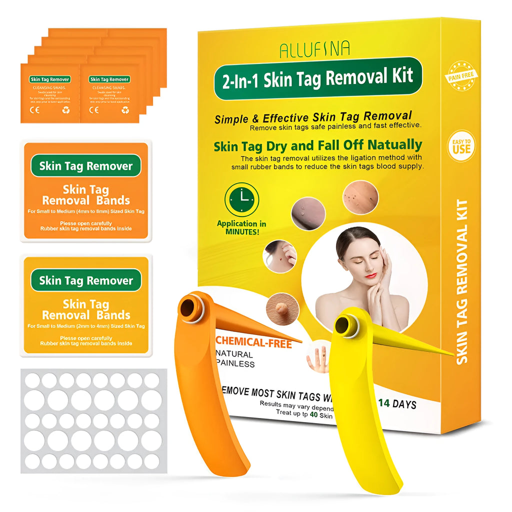 Orange yellow wart removal tool kit with rubber rings, removal devices and medical accessories