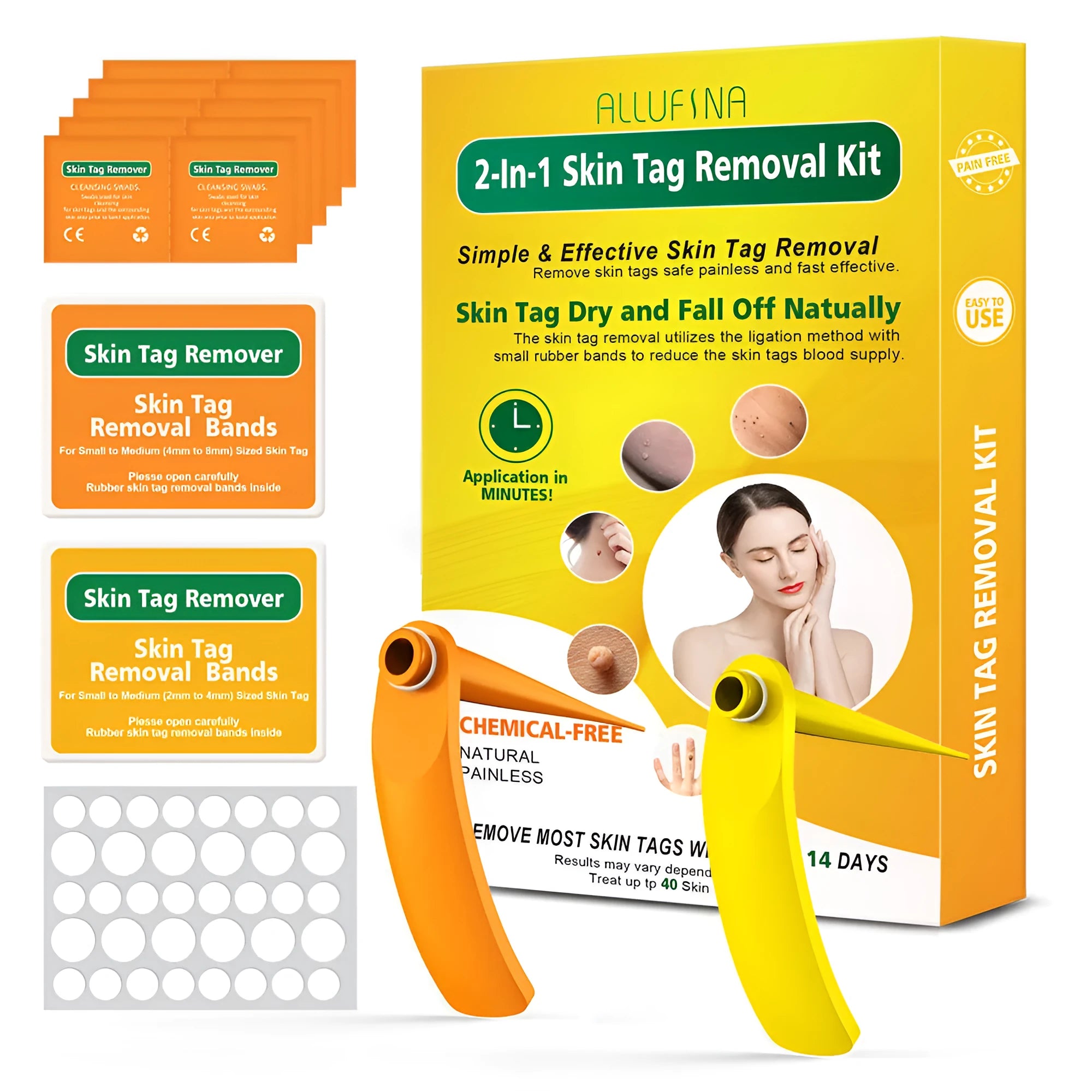 Orange yellow wart removal tool kit with rubber rings, removal devices and medical accessories