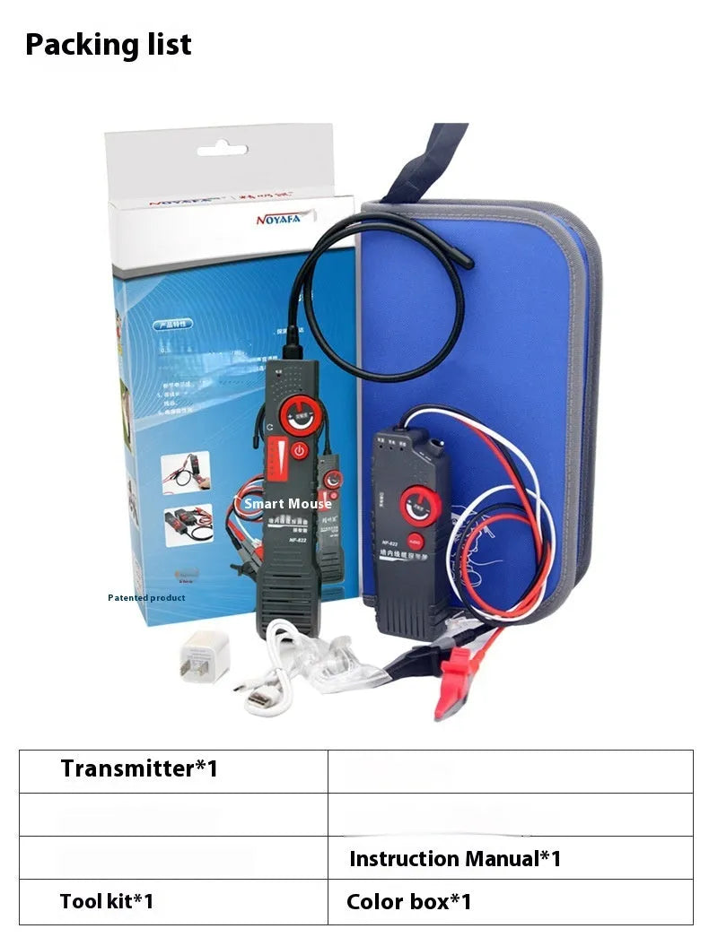 Line finder buried wire cable tester with transmitter and receiver on a workbench