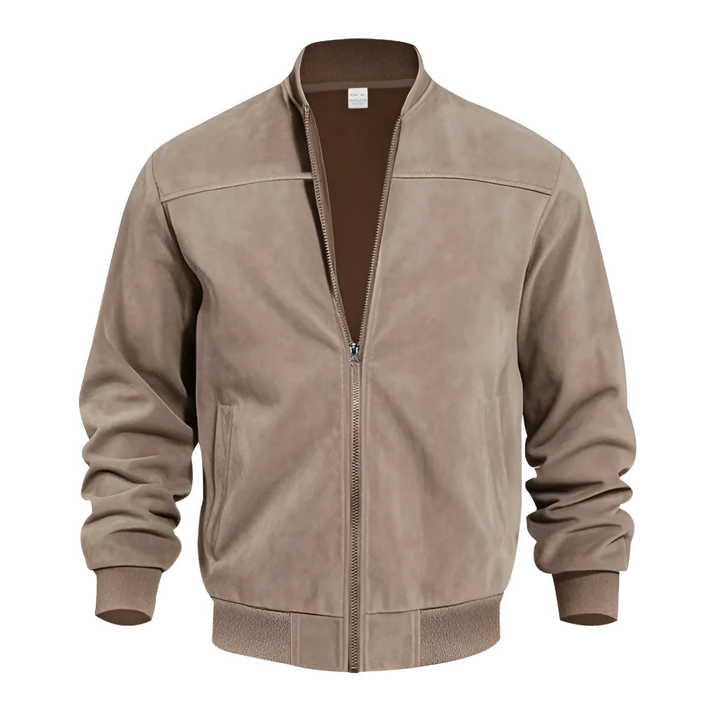Men's casual plus-size suede zip jacket in Army Green shown on a model.