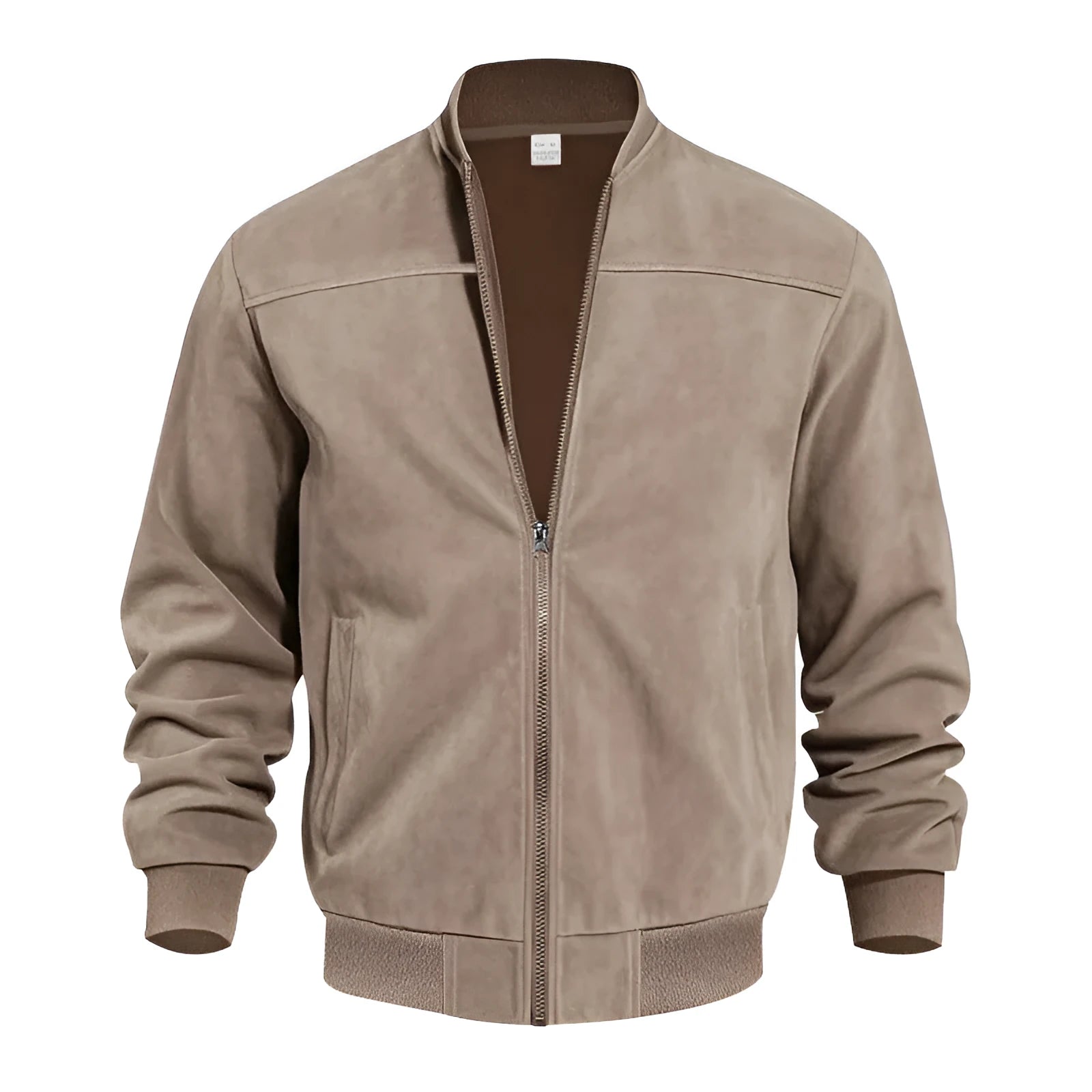 Men's casual plus-size suede zip jacket in Army Green shown on a model.