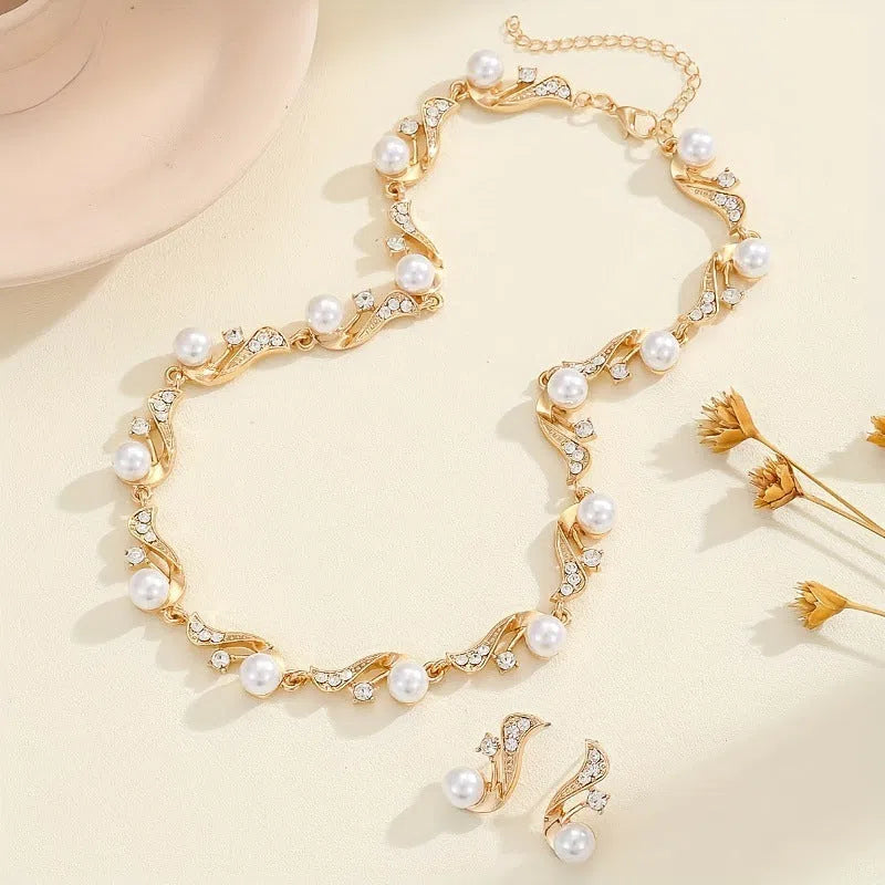 Women's bohemian irregular pearl earrings and necklace set in gold alloy electroplated finish