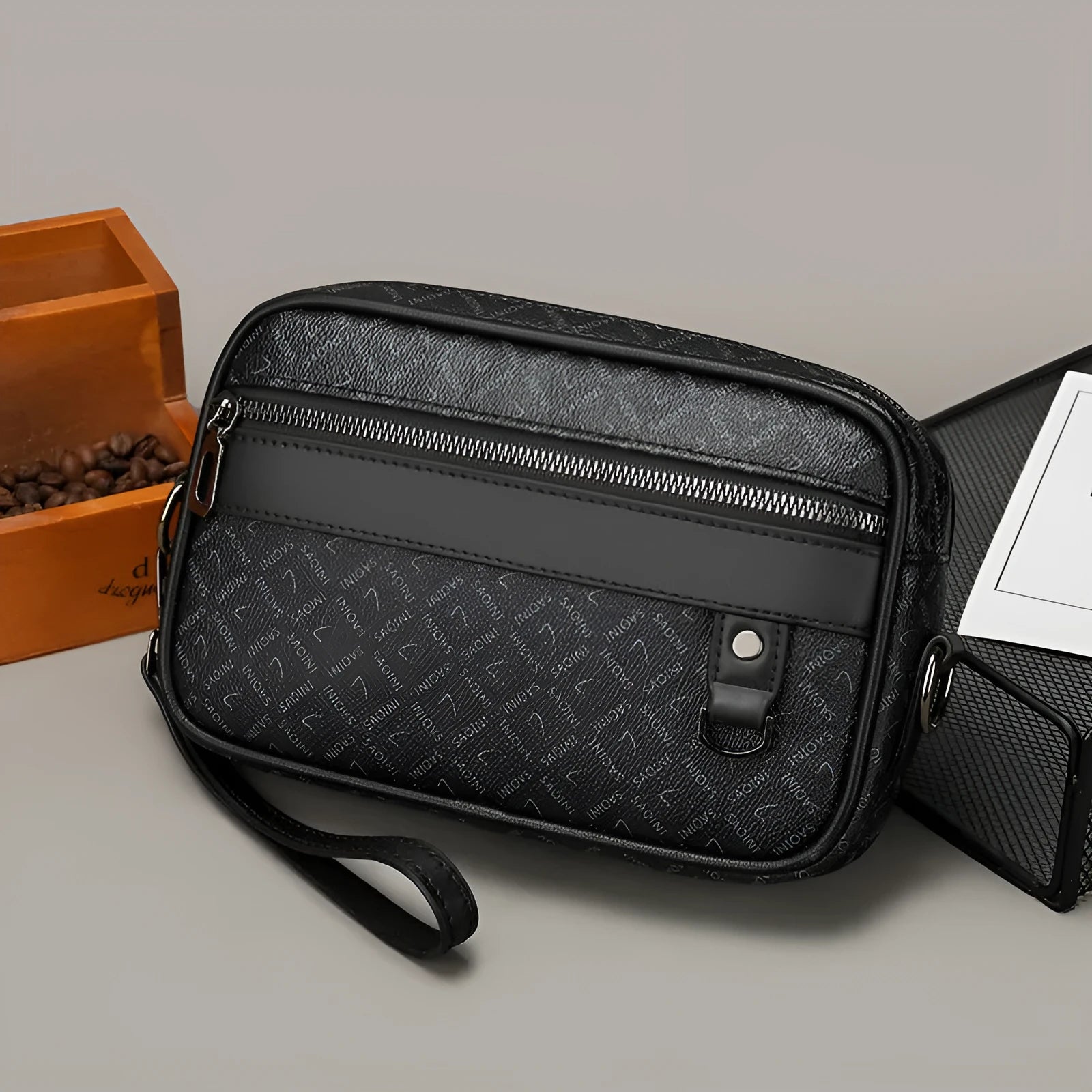 Men casual shoulder messenger bag horizontal large capacity PU geometric pattern in black colourway