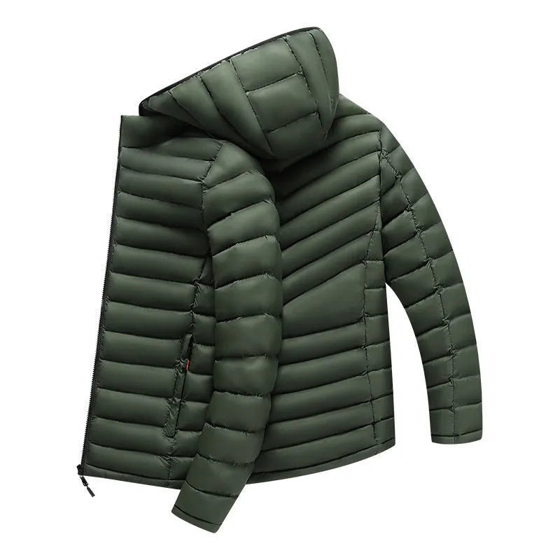 Man wearing a lightweight army green down jacket with a hood and detachable collar.